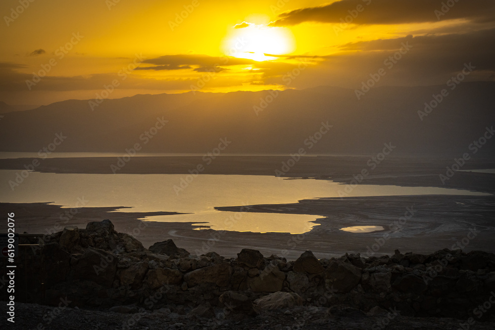 sunrise over the dead sea from masada, israel, unesco world heritage, golden hour, rays, middle east, jordan