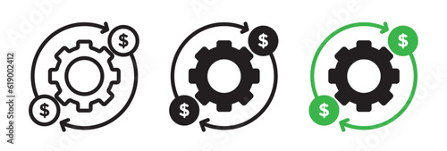 Effective cost optimize icon set in green and black color. Production cost control symbol. Company margin sign with dollar and gear signs. Cost optimization. Operation cost reduction signs set. photo