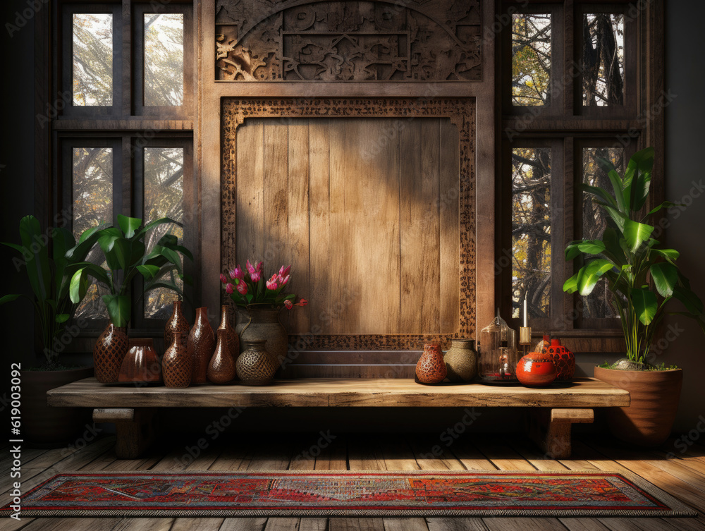 Old wooden frame mockup in ethnic interior , Mockups Design 3D, High-quality Mockups, Generative Ai Old wooden frame mockup in ethnic interior , Mockups Design 3D, High-quality Mockups, Generative Ai