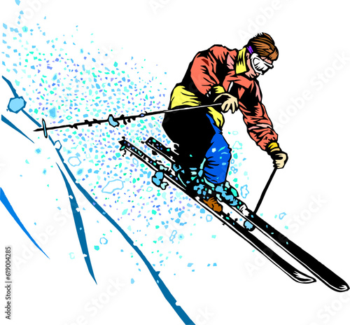 downhill snow skier jumping in deep powder