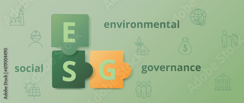 ESG banner. An abbreviation in the form of puzzles. Environment, Social, Governance. Vector illustration