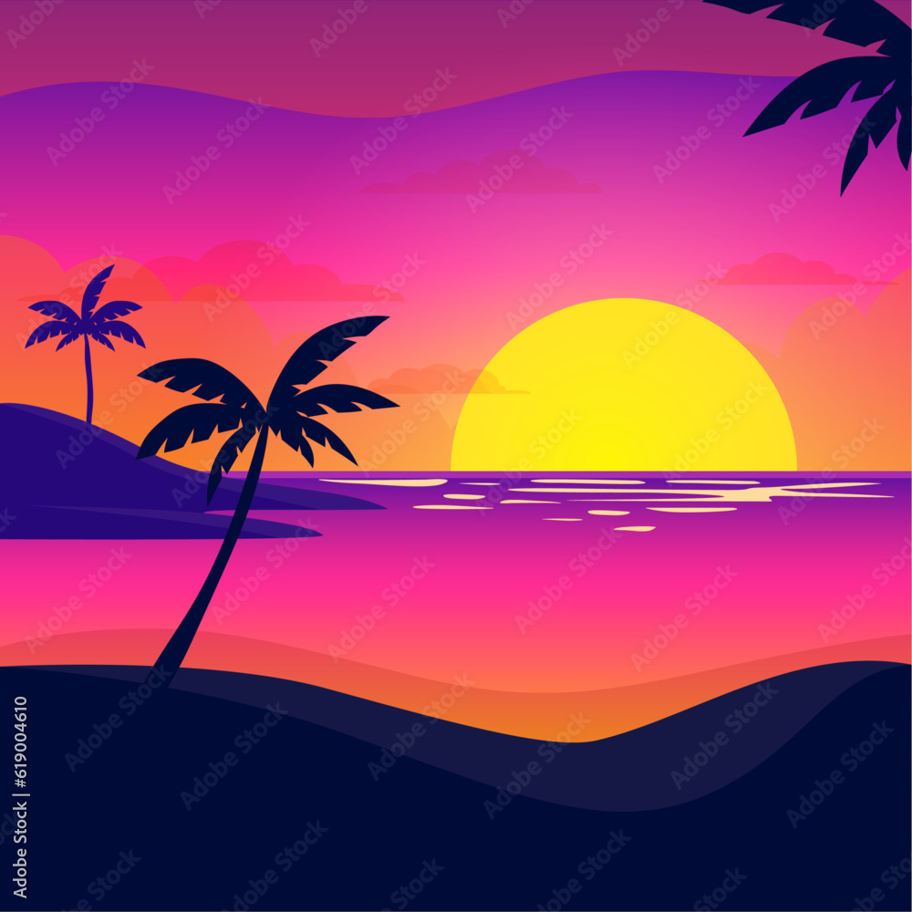 Flat summer illustration with beach view, 