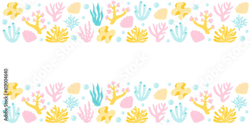 Banner with coral reefs, algae and seaweed