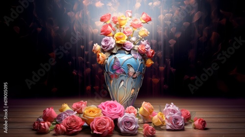 Art Nouveau vase with butterfly decoration filled with colorful roses. Made with Generative AI.