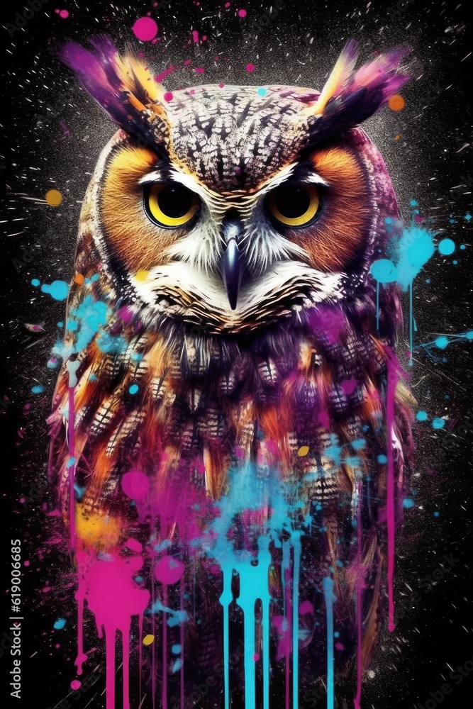 owl  form and spirit through an abstract lens. dynamic and expressive owl print by using bold brushstrokes, splatters, and drips of paint. owl raw power and untamed energy