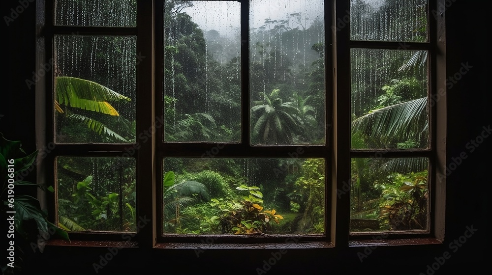 Rainy windows in the jungle. Generative AI Rainy windows in the jungle. Generative AI
