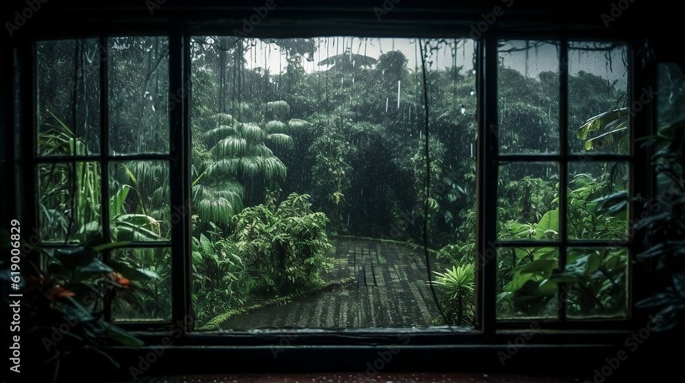 Rainy windows in the jungle. Generative AI Rainy windows in the jungle. Generative AI
