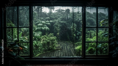Rainy windows in the jungle. Generative AI