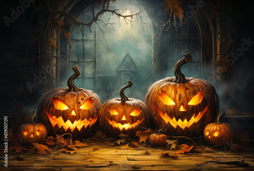 Festive Glow: Three Pumpkins with Lights on a Halloween Background