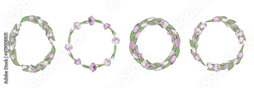 Hand drawn vector set of floral frame with pink flowers tulips. Elegant logo template.