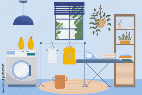 Modern laundry room interior. Flat design style vector illustration.