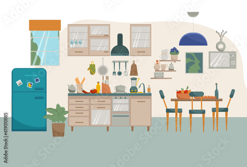 Vector flat interior of kitchen. Furnitures such as stove, table, cupboard, dishes and fridge in modern style.