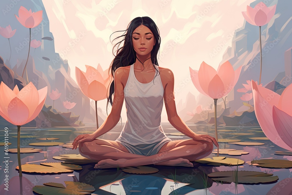 illustration of a beautiful female in meditation in the field illustration of a beautiful female in meditation in the field