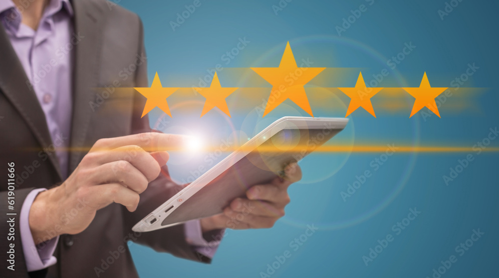 customers using smartphones There are five virtual stars with glowing lights, for rating customer satisfaction assessments, product and service ideas. customers using smartphones There are five virtual stars with glowing lights, for rating customer satisfaction assessments, product and service ideas.