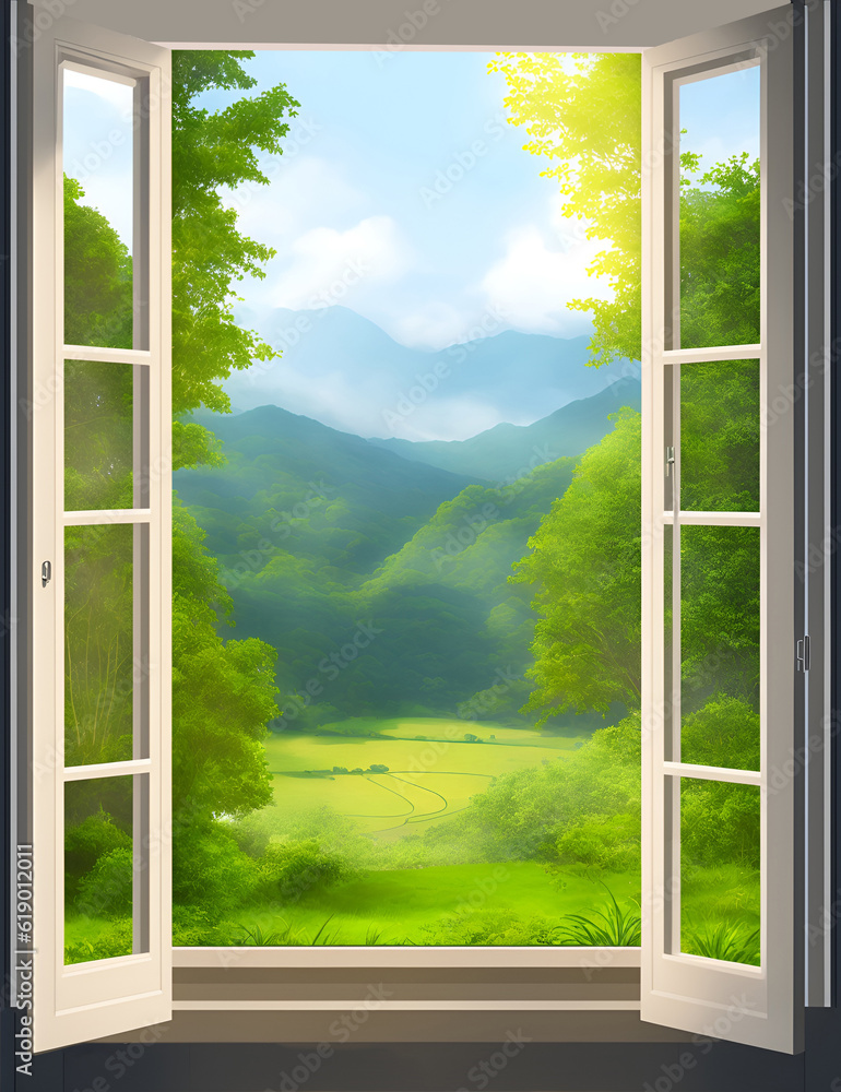 Open window with beautiful green hills landscape. Landscape sunny meadow, green field, agricultural pastures. Good ecology. Rustic expanses. Open window with beautiful green hills landscape. Landscape sunny meadow, green field, agricultural pastures. Good ecology. Rustic expanses.