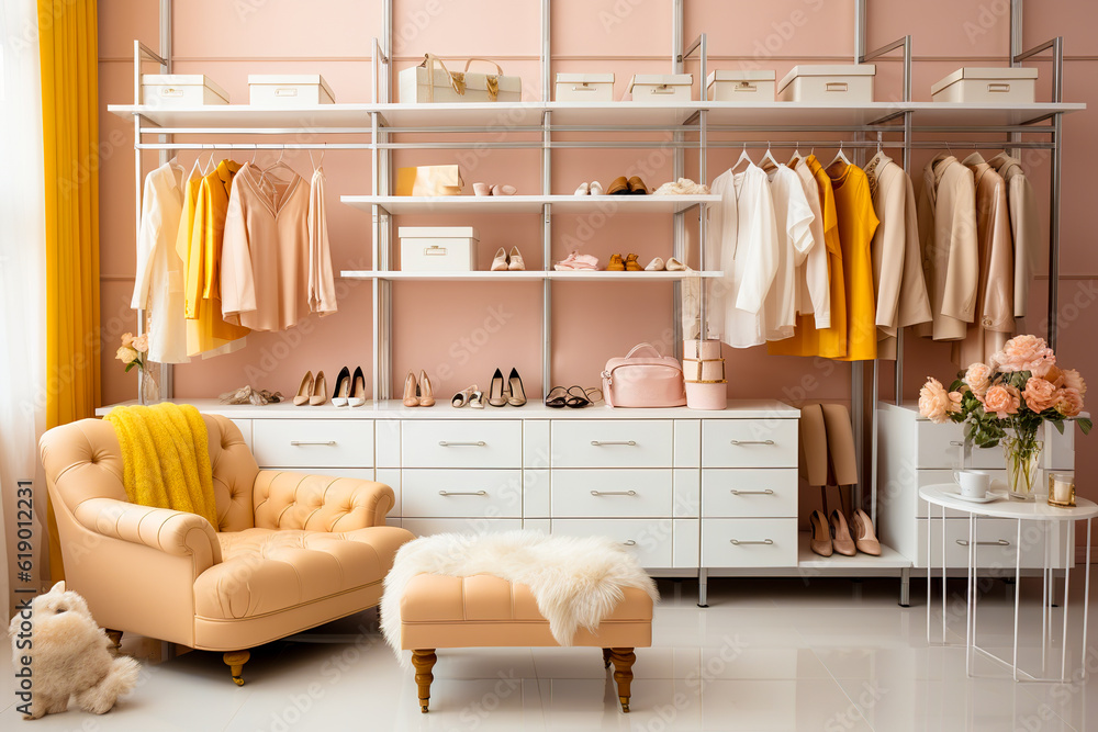 Stylish large, modern dressing room in beige tones. Generative AI.