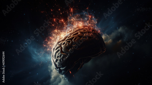 Brainstorming concept, Generative AI illustration of human brain in space