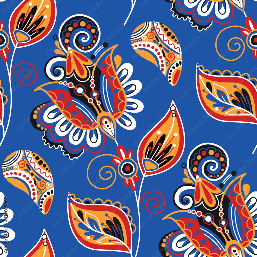 Fototapeta premium Folkloric Seamless Pattern with Paisley Flower, Nature Inspired Design Element. Ornate Abstract Pattern. Endless Texture for Fabric, Wallpaper etc. Vector Illustration