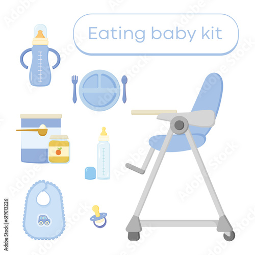 eating baby blue kit for boy with fidding chair