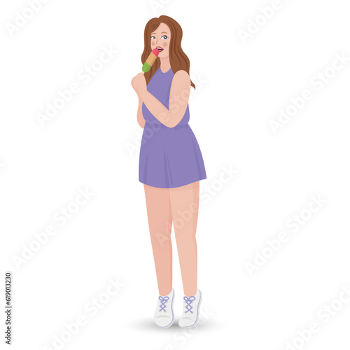 A girl in sneakers with long hair and curvaceous in a lilac dress eats colorful ice cream frozen ice