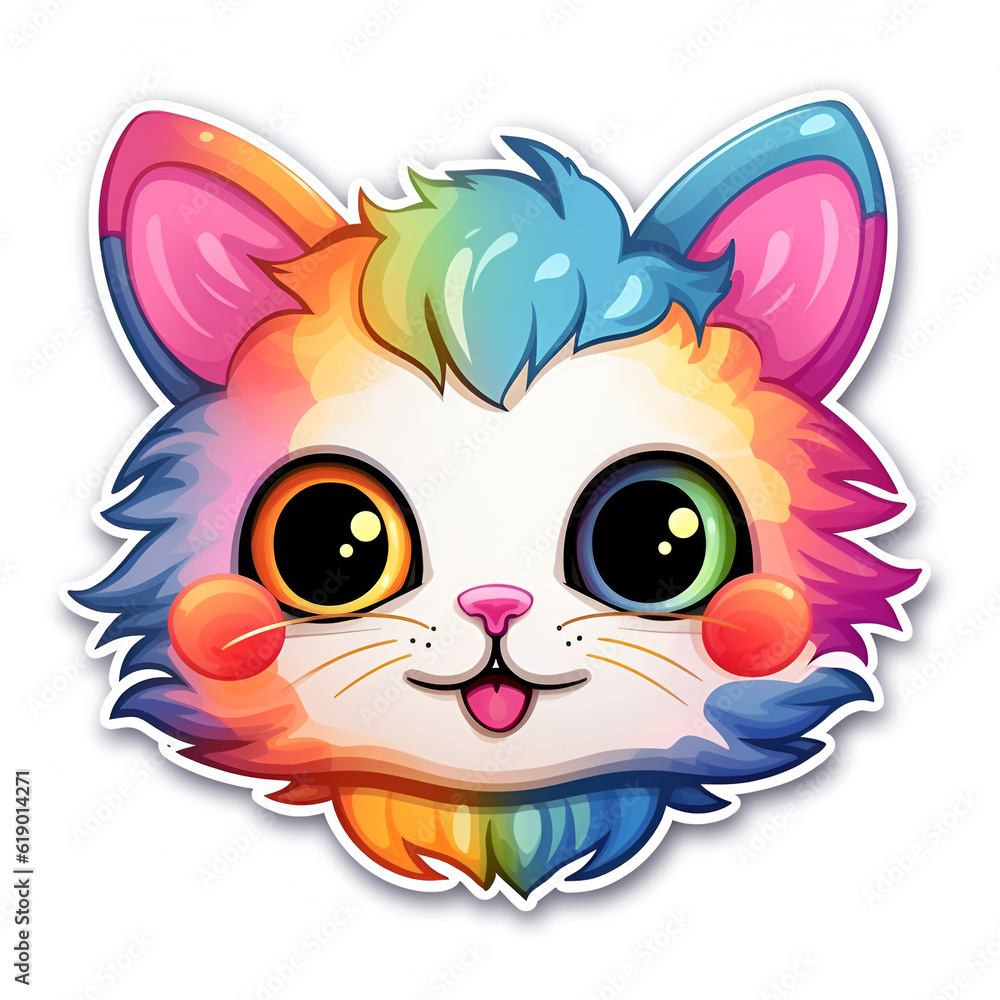 Illustration, AI generation. kawaii sticker. cute colorful kitty.