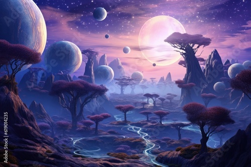 Mystical landscape adorned with enchanting blue and purple circles, magic and wonder.
