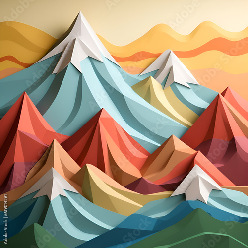 Illustration, AI generation. mountains from colorful 3D paper in minimalist style.