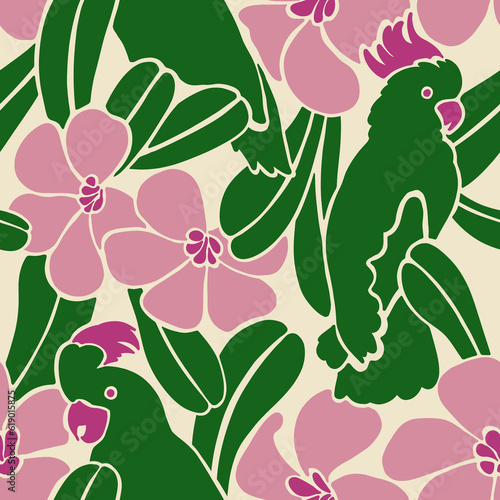 Seamless pattern with parrots sitting on branches with flowers. In flat retro style.