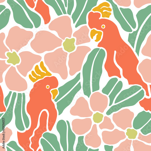 Seamless pattern with parrots sitting on branches with flowers. In flat retro style.