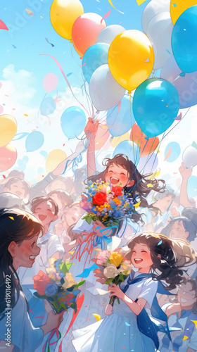 Many students holding balloons and bouquet are celebrating graduation or successfulness under the blue sky. Created with Generative AI technology. 