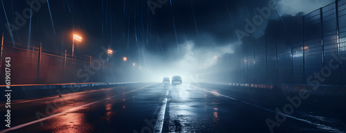 Midnight road or alley with car headlights pointed this way. Wet, hazy asphalt road with construction metal fences on both sides. drag race, crime, midnight activity concept.