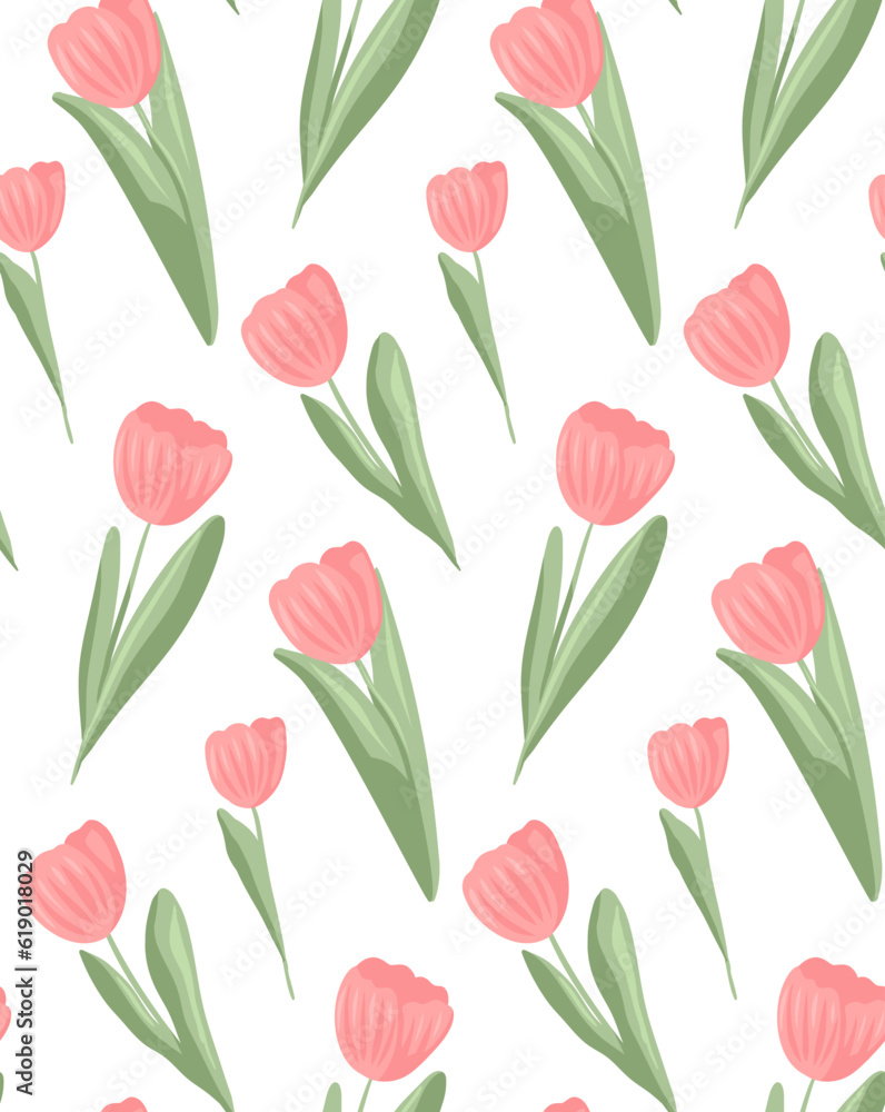 Delicate vector pattern with pink tulips on a white background. Feminine spring floral texture in pastel colors Delicate vector pattern with pink tulips on a white background. Feminine spring floral texture in pastel colors