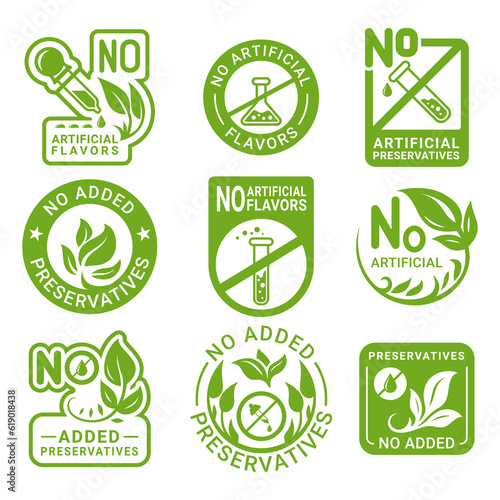 Artificial preservatives flavors no added green labels product quality guarantee set vector flat