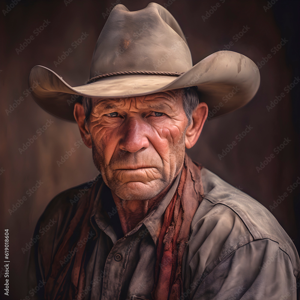Portrait of old American West cowboy. AI Generative.