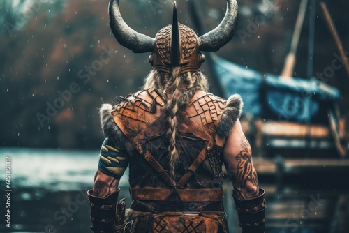 Viking drakkar view. Generate Ai