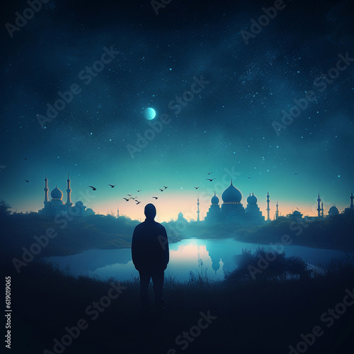 man standing at night in front of mosque  created using Generative AI	
