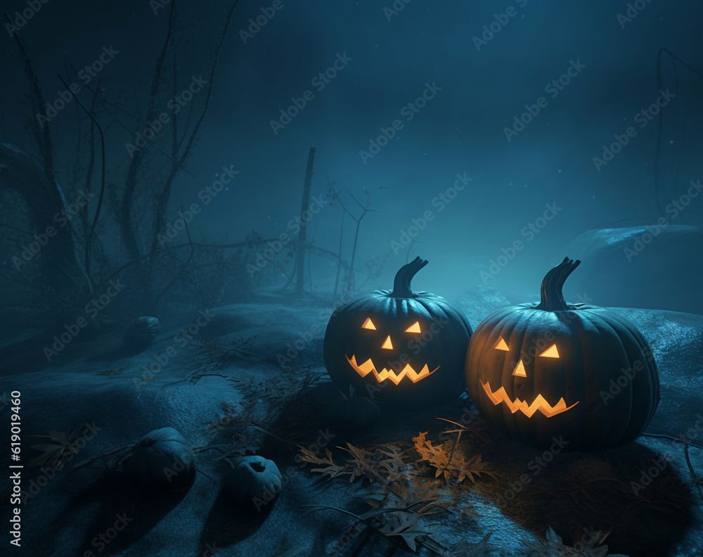 Naklejka premium spooky Halloween pumpkin in the forest created using Generative AI