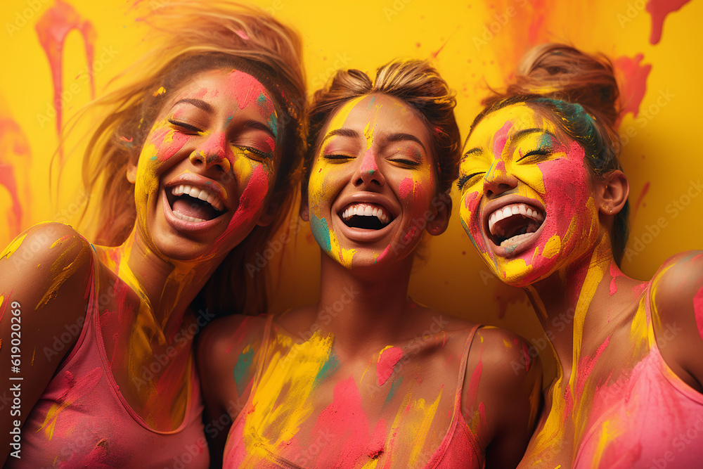 Obraz premium Cheerful multi-ethnic women with face paint laughing. Concept. friendship day. 