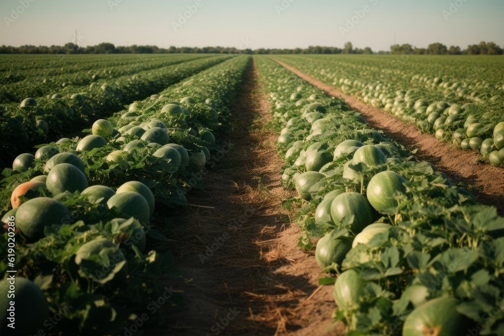 Fototapeta premium Watermelon field summer. Generate Ai