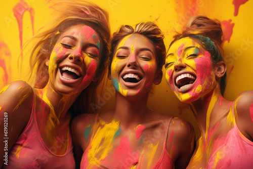 Cheerful multi-ethnic women with face paint laughing. Concept. friendship day. 