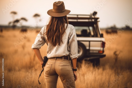 Woman safari photographer. Generate Ai