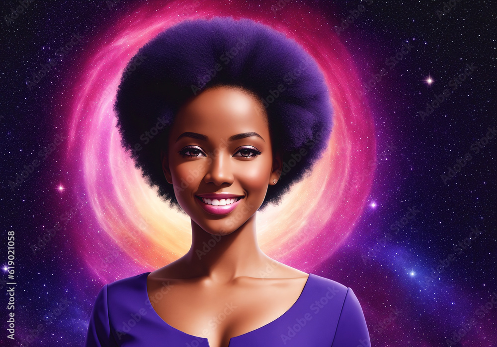 A beautiful african american young woman against the backdrop of a futuristic space of space and galaxies. The concept of unearthly beauty. Generative AI A beautiful african american young woman against the backdrop of a futuristic space of space and galaxies. The concept of unearthly beauty. Generative AI
