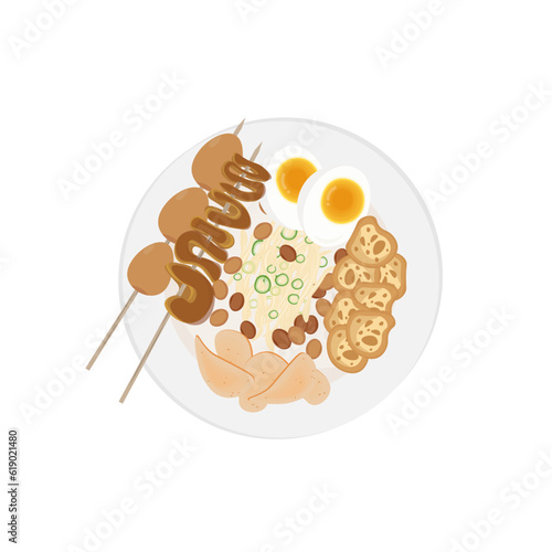 Illustration logo of chicken porridge with complete topping of quail egg satay and intestinal satay