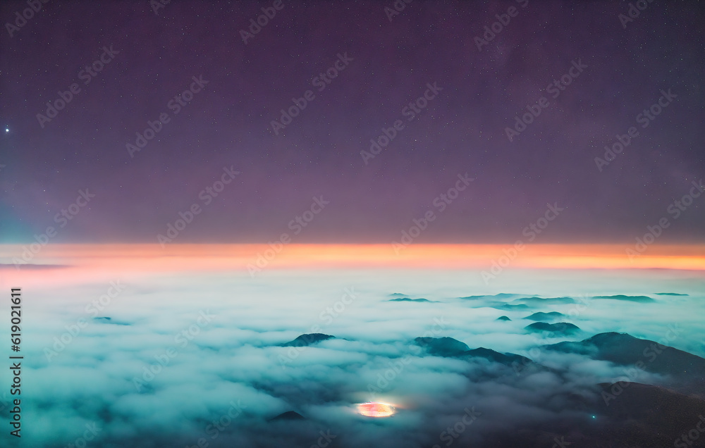 Aerial view Milky Way over the mountains in the fog at night. Generative AI.