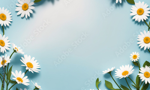 Beautiful daisies on a blue background, copy space. Generative AI. © Anton Dios
