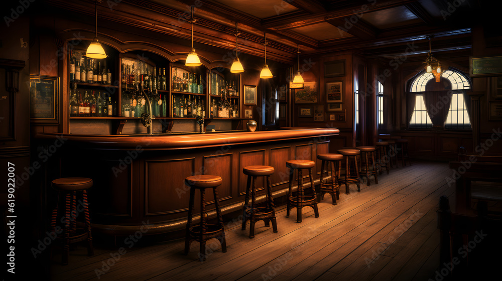 Old bar scene. Traditional or British style bar or pub interior, with wooden paneling and countertops.