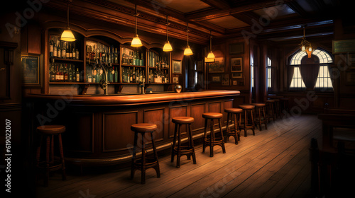 Old bar scene. Traditional or British style bar or pub interior, with wooden paneling and countertops.