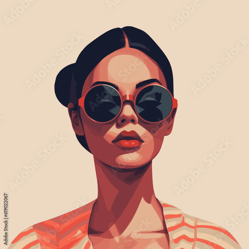 Fashion portrait of a model girl in sunglasses. Poster or flyer in trendy retro colors. Vector illustration	
