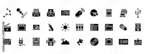 network, communication, media, service, multimedia, icon set, solid icon pack