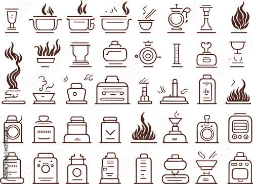 Cooker and flame icon set. It included fire, stoves, cooking hobs, hob, microwave and more icons.